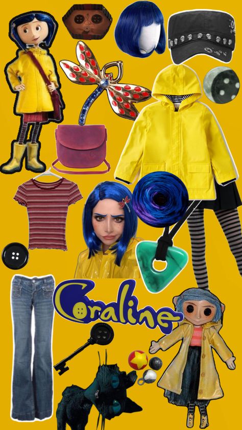 coraline, moon, cat, halloween, 3D, movie, buttons, costume, outfit, shoes, tights, raincoat, wig accessories, hairclip Halloween Inspired Work Outfit, Ray And Evangeline Costume, Coraline Halloween Costume Ideas, Coraline Costume Aesthetic, Caroline Costume Halloween, Coraline Jones Outfit, Coraline Outfits From Movie, Coraline Costume Ideas, Coraline Wig