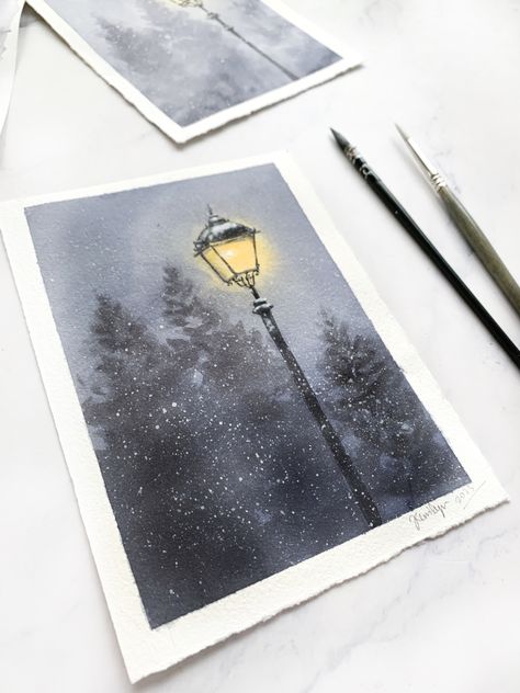 Winter Night Watercolor, Winter Lamp Post Painting, Watercolor Winter Paintings, Ice Skating Watercolor, Watercolor Winter Art, Winter Watercolor Tutorials, Watercolor Art Christmas Cards, Winter Watercolor Ideas, Winter Watercolor Paintings Easy