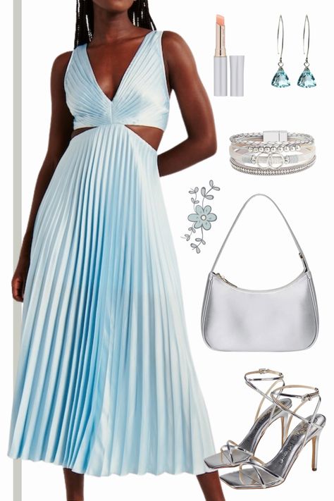 Wedding guest dress, summer dress, silver heels Blue Wedding Guest Dresses, Summer Wedding Guest Outfit, Dress And Accessories, Summer Wedding Guest, Summer Wedding Guests, Cutout Maxi Dress, Wedding Guest Outfit Summer, Guest Outfit, Blue Wedding