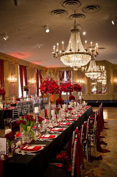 Modern Black Red Silver Ballroom Centerpieces Indoor Reception Place Settings Tablescape Texas Winter Wedding Reception Photos & Pictures - WeddingWire.com Black And Red Table Decor, Short Floral Centerpieces, Black And Red Table Setting, Black And Red Decor Party Ideas, Red And Silver Wedding, Red Silver Wedding, Cheesecloth Runner, Dyed Cheesecloth, Reception Place Settings