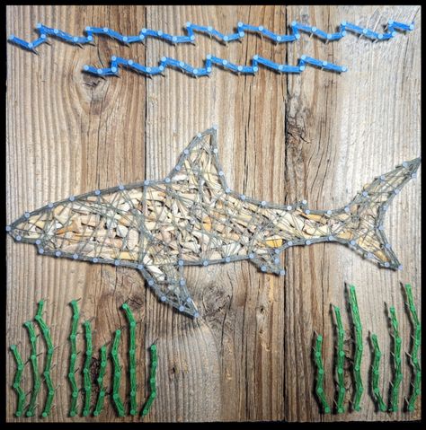 Handcrafted shark string-art strung on reclaimed cedar planks w/ real shark teeth Shark String Art, Reclaimed Art, Art Mountains, Colorado Art, Cedar Planks, Authentic Art, Shark Art, Intricate Art, Wall Art Landscape