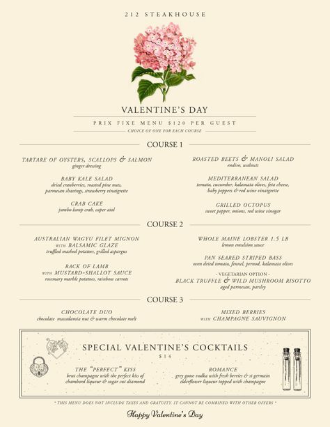 Valentine's Menu Ideas, Valentine's Day Menu Ideas, Baby Kale Salad, Strawberry Vinaigrette, Lobster Ravioli, Cocktail Appetizers, Restaurant Poster, Valentine Dinner, Valentines Day Dinner