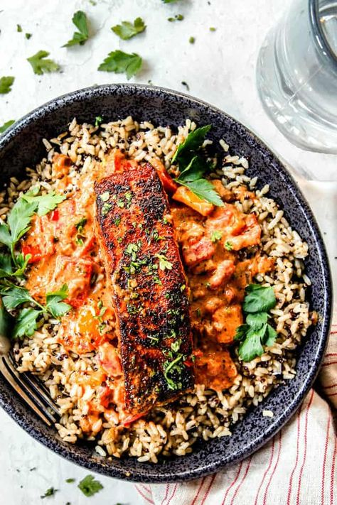 Cajun Salmon Rice Bowl, Creamy Cajun Sauce, Smoky Salmon, Teriyaki Bowls, Salmon Recipe Pan, Blackened Salmon Recipes, Fish Meals, Cajun Salmon, Dinner Planning