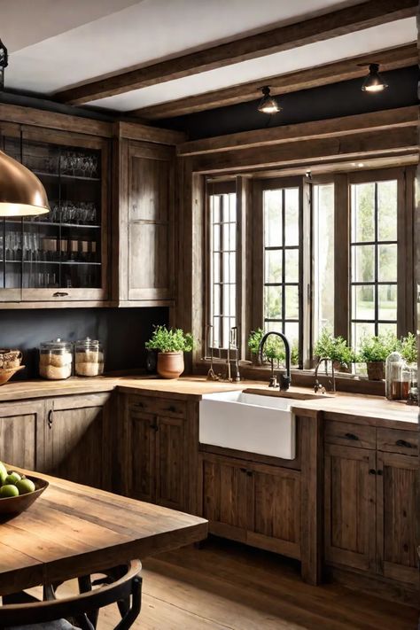 A cozy farmhousestyle kitchen with a mix of rustic wood cabinets and Cottage Kitchen Cupboards, Kraftmaid Rustic Alder Husk, Log Cabin Kitchen Cabinets, Dark Stained Hickory Kitchen Cabinets, Cedar Cabinets Kitchen, Raw Wood Cabinets, Modern Rustic Kitchen Cabinets, Rustic Wood Kitchen Cabinets, Wooden Cabinet Kitchen