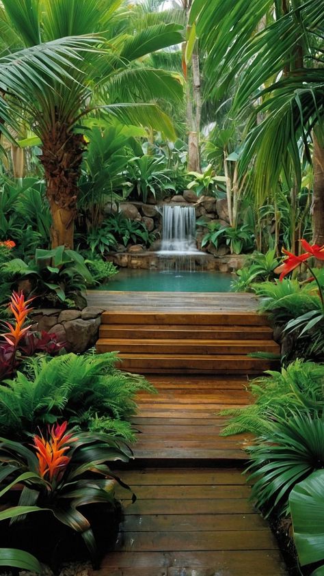 Tropic Vibes: 15 Creative Landscape Ideas to Bring the Islands Home - pulsepathlife.com Waterwise Landscaping, Tropical Pool Landscaping, Tropical Backyard Landscaping, Balinese Garden, Tropical Landscape Design, Florida Landscaping, Tropical Garden Design, Tropical Backyard, Creative Landscape