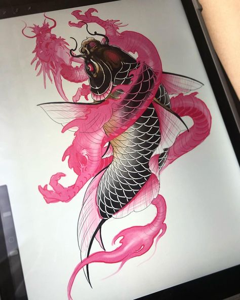 Koi fish with a dragon spirit! Quick concept I’d like to tattoo | Instagram Fish Tattoo For Women, Japanese Tattoo Koi, Koi Fish Drawing Tattoo, Pez Koi Tattoo, Dragon Koi Tattoo Design, Tattoo Fishing, Koi Dragon Tattoo, Karp Koi, Japanese Koi Fish Tattoo