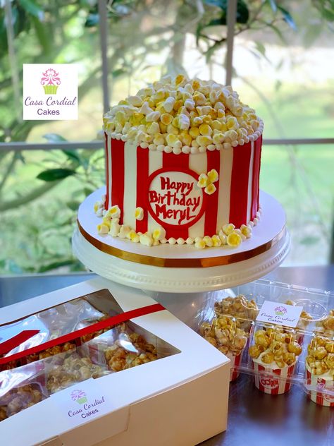 Popcorn Birthday Cake, Movie Theme Cake, Popcorn Birthday, Anti Gravity Cake, Torte Creative, Popcorn Cake, Carousel Cake, Gravity Defying Cake, Movie Cakes