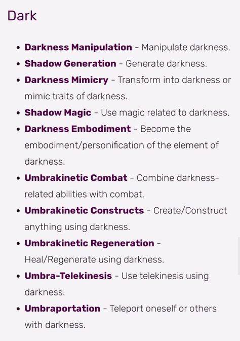 Darkness Powers Magic, Powers For Dr, Cool Powers Ideas, Dark Secrets For Characters, Magic Abilities Ideas, Character Superpowers, Super Hero Powers Ideas, Demon Powers List, Power Ideas For Characters