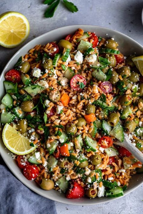 Greek Risoni Salad - Dash of Mandi Risoni Recipes, Risoni Salad, Feta Cucumber, Basil Pasta Salad, Chicken Caesar Pasta, Mediterranean Salad Recipe, Turkey Taco Salad, Salad Spinach, Caesar Pasta Salad