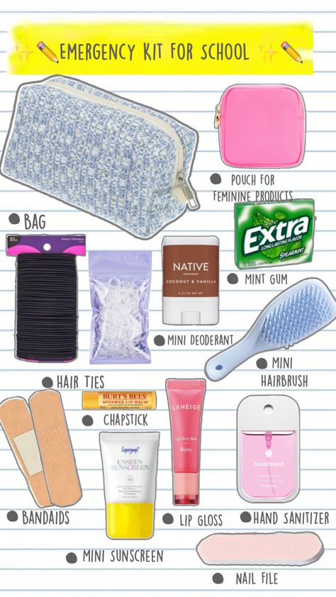 Keep in mind everybody has different preferences and essentialls! This is just one of the many variations! ‼️I do not own the rights to any of the items‼️#backtoschool #kit #relatable #viral … Kit For School, School Pouch, Mint Gum, Beeswax Lip Balm, Emergency Kit, Burts Bees, Keep In Mind, Hair Brush, Hand Sanitizer