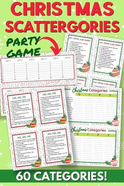 Looking for challenging printable Christmas games for adults? This Christmas Scattergories game requires some fast-paced thinking, and it's sure to be a hit at your holiday party! Just print the Christmas Scattergories category lists PDF, the blank answer sheets, and the letter cards... Super easy to play, but still a challenge - Perfect for Christmas games for adults and teens! Christmas Games For Adults Holiday Parties Free Printable, Scattegories Christmas Free Printable, Christmas Word Games For Adults Free Printable, Christmas Scattergories, Categories Game, Scattergories Lists, Christmas Games For Family Frugalcouponliving - Ashley Langston, Free Christmas Games, Christmas Games To Play