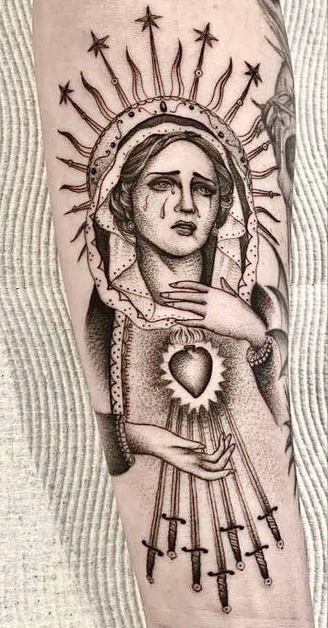 Madonna Tattoo, Virgen Mary Tattoo, Mother Mary Tattoos, Catholic Tattoos, Virgin Mary Tattoo, Traditional Tattoo Old School, Mary Tattoo, Cross Tattoo Designs, Upper Arm Tattoos