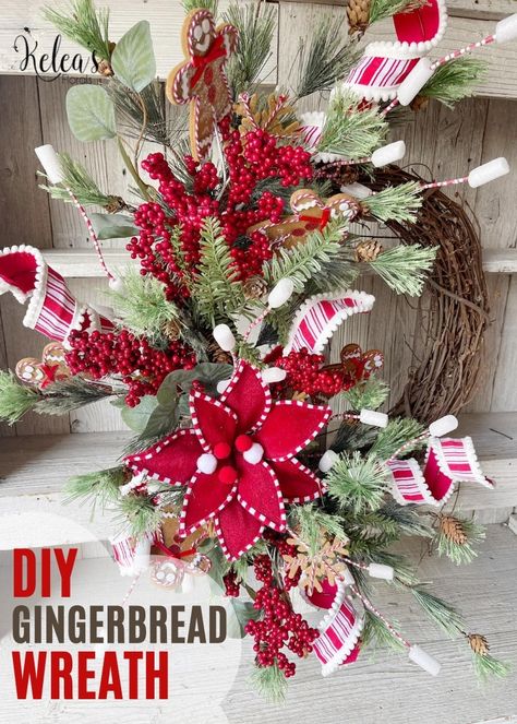 This Christmas wreath tutorial features a fun combination of gingerbread, poinsettia, and classic elements. You'll love the finished gingerbread wreath for your front door. Christmas Grapevine Wreath Ideas, Grapevine Wreath Ideas, Gingerbread Wreaths, Christmas Wreath Tutorial, Christmas Grapevine Wreath, Diy Seasonal Decor, Wreath Making Tutorials, Wreaths Videos, Diy Gingerbread