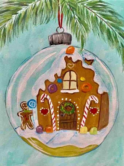 Kids Holiday Painting, Easy Winter Canvas Painting, Winter Canvas Painting Ideas, Winter Canvas Painting, Gingerbread House Ornament, Beginners Acrylic Painting, Make Paint, Canvas Painting Ideas For Beginners, Painting School