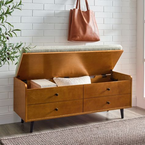 Sitting Storage Bench, Living Room Bench Seating Storage, Sitting Bench With Storage, Mid Century Modern Storage, Modern Storage Bench, Cushion Bench, Mid Century Storage, Bench With Cushion, Storage Bench With Cushion