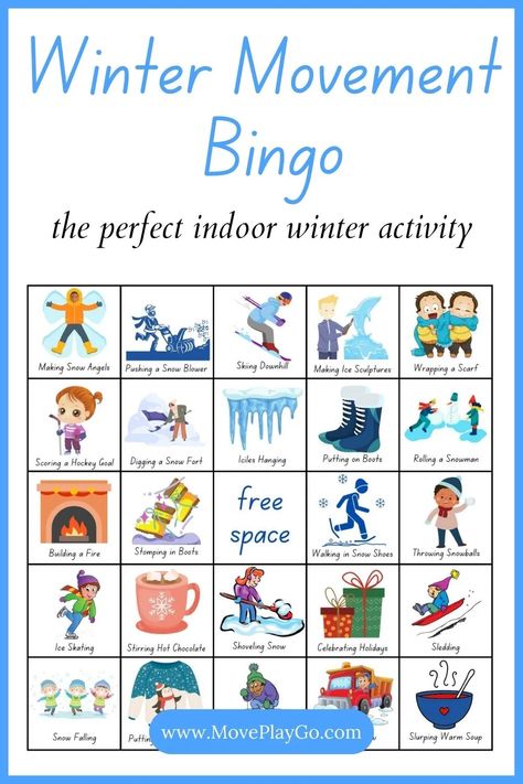 winter movement bingo board Winter Group Games, Winter Activities For School Age Kids, Winter Pe Games For Kids, Outdoor Winter Games For Kids, Snow Day Activities For Kids Indoor, Winter Bingo Printable Free For Kids, Winter Gym Games, Winter Movement Activities, Winter Games For Kids Indoor