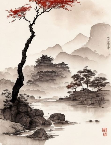 a pagoda with a red roof2 - Ai NordesignZZ Sakura Painting, Rocky Island, Japanese Ink Painting, Japanese Village, Chinese Drawings, Landscape Japan, Japan Sakura, Japan Landscape, Japanese Watercolor