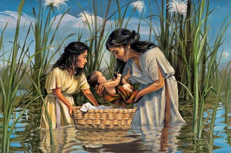 "A Mothers' Sacrifice" (Johebed, Miriam and Moses) by artist Megan Rieker Prophets Of The Bible, Quiz Biblico, Baby Moses, Prince Of Egypt, Lds Art, Bible Images, Bible Illustrations, Bible Characters, Bible Pictures