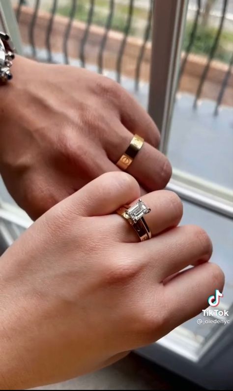 Wedding Ring With Cartier Band, Cartier Wedding Band, Engagement Party Photo Ideas, Cartier Love Band, Cartier Band, Cartier Wedding Bands, Cartier Wedding Rings, Cartier Love Wedding Band, Wedding Rings Emerald Cut