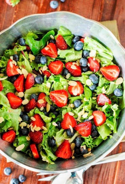 Strawberry, Blueberry & Greens Salad with Honey Vinaigrette Green Salad With Strawberries, Broccoli Salads, Layered Taco Salads, Salad With Strawberries, Honey Vinaigrette, Southern Potato Salad, Recipes Strawberry, Strawberries And Blueberries, Blueberry Salad