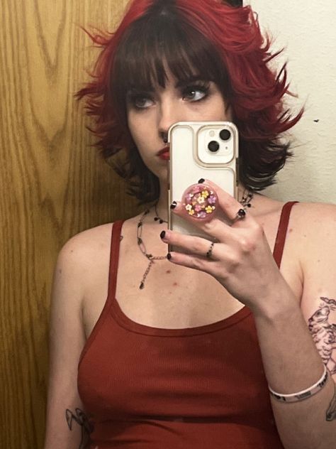 #shorthairstyles #alternativehair #redhair #blackhair #bangs Red Hair With Black Tips Short, Bleaching Red Hair, Red Hair Black Bangs, Vampire Bangs Short Hair, Short Red Hair With Bangs, Red Hair No Bleach, Bangs Inspiration, Raspberry Hair, Blood Red Hair