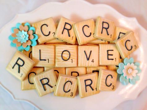 Scrabble Tile Wedding Cookies | Cookie Connection Scrabble Cookies, Board Game Cookies Decorated, Puzzle Cookies Ideas, Puzzle Cookies, Puzzle Piece Cookies Decorated, Sports Themed Cakes, Gingerbread Cookies Decorated, Cookie Business, Cookie Connection