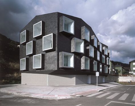 This is an example of crystallographic balance. The pattern of windows along the building creates a balance, bringing the design together. Collective Housing, Asturias Spain, Big Building, Student House, Residential Construction, Social Housing, Facade Architecture, Countries Around The World, Architecture Photo