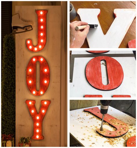 How to Make DIY Christmas Marquee Light Letter Signs - JOY Joy Christmas, Outdoor Christmas Decorations Diy, Making Marquee Letters, Diy Christmas Outdoor Decorations, Marquee Lights Diy, Number Marquee Lights Diy, Marquee Letter Lights, Diy Letter Lights Marquee Sign, Diy Marquee Letters