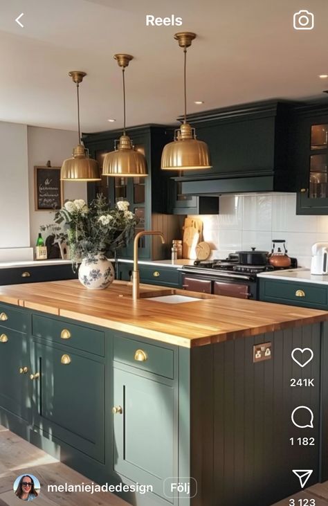 Dark Green Kitchen With Butcher Block, Dark Green Cabinets Butcher Block, Green Cabinets Butcher Block, Green Kitchen Cabinets Butcher Block, Green Cabinets With Butcher Block, Dark Green Kitchen, Loft Kitchen, Kitchen Mood Board, Green Kitchen Cabinets