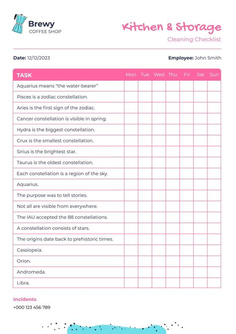 Checklist con Garabatos de Colores para cafetería Brewy Daily Cleaning Schedule, Mint Coffee, Water Bearer, Checklist Template, Daily Cleaning, Zodiac Constellations, Cleaning Checklist, Cleaning Schedule, Editing Tools