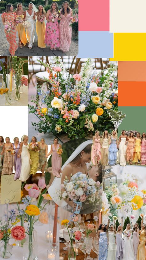 Wedding Theme Lover Theme Wedding, 70s Spring Wedding, Pastel Wedding Theme Color Schemes, Wildflower Wedding Theme Bridesmaid, Summer Wedding Themes, Spring Wedding Theme, Summer Wedding Theme, Sorrento Wedding, Whimsical Wedding Theme