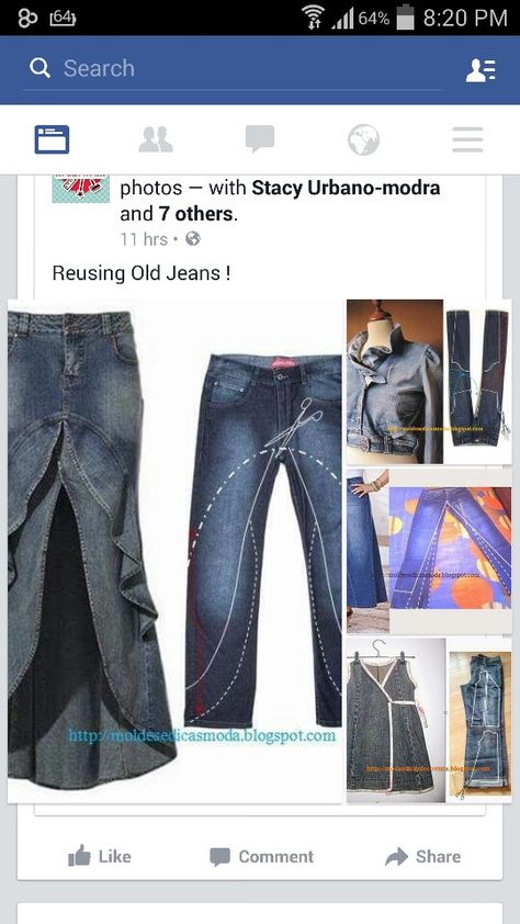 Great way to reuse old jeans. Reuse Old Jeans, Jeans Ideas, Upcycle Clothes Diy, Skirt Casual, Upcycle Jeans, Old Jeans, Hippie Chic, Upcycle Clothes, Sewing Techniques