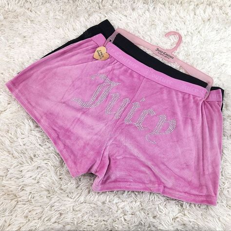 Juicy Couture Velour Sleep Shorts 2 Pack Pink And Black Colors Made Of Soft Velour That Makes Comfortable For Sleepwear. The Pink Short Has The Juicy Logo In Silver Rhinestones. 95% Polyester, 5% Spandex Extra Large Nwt Stock 1076 Juicy Couture | Jc | Bling | Rhinestones | Logo | Sleep | Sleepwear | Pajamas | Pjs | Loungewear | Velvet | Velour | Sexy | Faux Fur | Los Angeles | Intimates | Lingerie | Fashion Designer Pajamas, Black Nightgown, Velour Shorts, Bling Rhinestones, Velvet Shorts, Hoodie Set, Couture Designers, Nightgowns For Women, Sleep Shorts