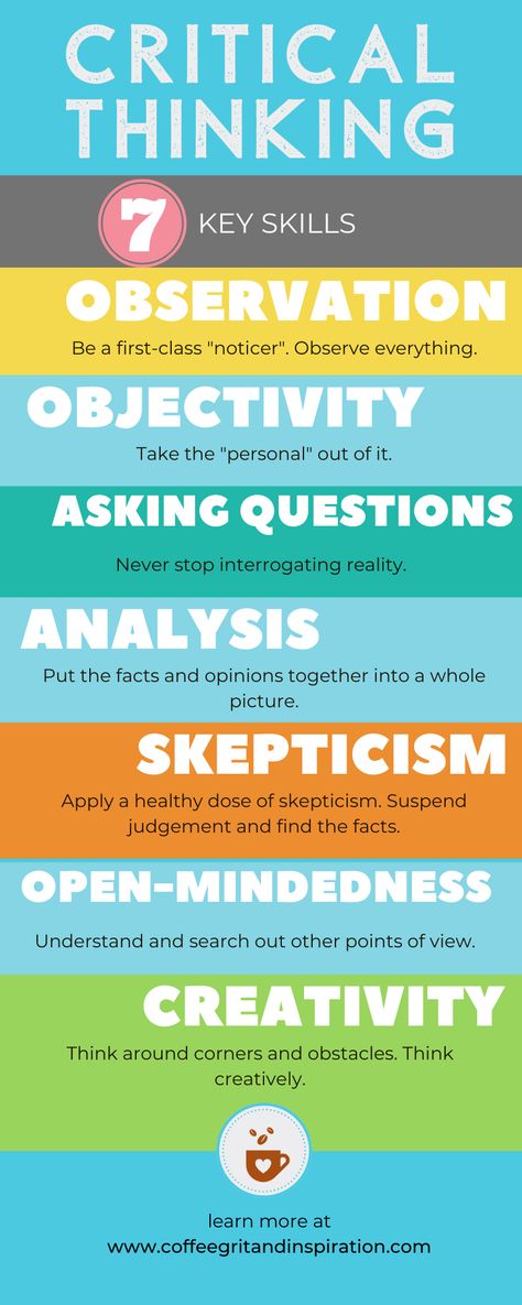 Critical thinking is just a collection of skills you can work to develop. Critical thinking is important to ensure you're protecting yourself and your family, making the best possible decisions and looking at all sides of a situation. #criticalthinking #professionaldevelopment #lifeskills How To Think Clearly, Creative Skills To Learn, Critical Thinking Activities High School, Critical Thinking Illustration, What Is Critical Thinking, Creative Thinking Activities, Historical Thinking Skills, Logic And Critical Thinking, Teaching Critical Thinking