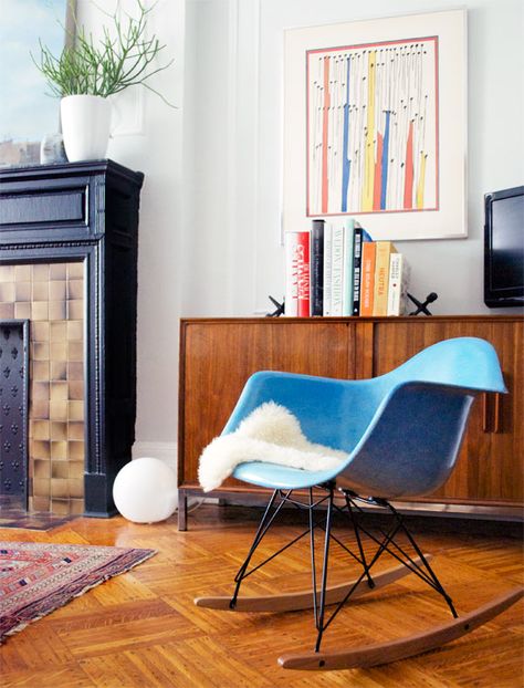 Love the floor, the wooden sideboard and chair. Plastic Wall Panels, Eames Rocking Chair, Modern Style Furniture, Rocker Chairs, Charles Eames, Brick Fireplace, Mid Century Modern Furniture, Mid Century Modern Design, Eames Chair