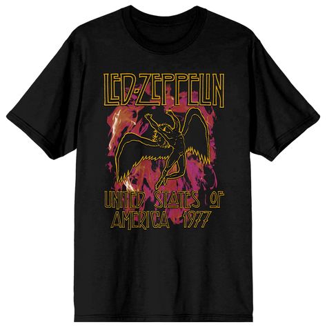 Icarus Symbol, Improve Style, Fiery Background, Led Zeppelin Tee, Led Zeppelin T Shirt, Led Zeppelin Shirt, Black Image, Men's Graphic T Shirt, Gold Letters