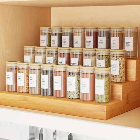 Glass Bottles: Spice Jars Bamboo Tops Labels Sleek Farmhouse - Temu Spice Jar Storage, Pantry Bin, Minimalist Farmhouse, Spice Jar Set, Storage Room Organization, Glass Spice Jars, Spice Labels, Clear Jars, Spice Storage