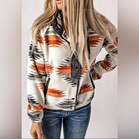 Size Small Gorgeous Gray & Burnt Orange Aztec Pattern Snap Front Jacket Three Front Pockets, Breast Pocket Has Zipper Elastic Cuffs 100% Polyester, Soft Fuzzy Material P2p 20" Length 22" Western/Boho Cowgirl Chic Closet Consultant Pff Hostess Pff Supporter @Trixieleec1 (Trixie) New To Poshmark? Use Code Trixieleec1 To Get $10 After Your First Purchase! Western Aztec, Elegant Blazers, Fleece Jacket Womens, Retro Jacket, Long Sleeve Outerwear, Fashion Hoodies, Top Plus Size, Fleece Coat, Warm Jacket