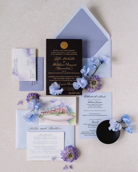 Periwinkle wedding invitations with leather card and gold foil stamping    Wedding invitation, watercolor wedding invitation, gold foil, letterpress    Photo shared by Leah E. Moss Designs on January 01, 2024 tagging @mvitale_eventplanner, @nikimariephoto, and @birchaffair.   #Regram via @C1ulpDPRTkt Periwinkle Wedding Invitations, Periwinkle Invitations, Stamped Wedding Invitations, Purple Wedding Colors, Periwinkle Wedding, Blue Wedding Colors, Wedding Invitation Gold, Wedding Invitation Watercolor, Foil Letterpress