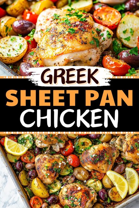 This Greek sheet-pan chicken is an easy, satisfying meal the family will love! With tender chicken, potatoes, vegetables, and crumbled feta cheese, it can't be topped! Greek Chicken Pan Dinner, Greek Chicken Tray Bake, Sheet Pan Lemon Chicken And Potatoes, One Pan Chicken And Veggies, Chicken Potato Sheet Pan Dinner, Greek Sheet Pan Chicken Dinner, Sheetpan Dinner Chicken, Greek Chicken Sheet Pan Dinner, Chicken Feta Recipes