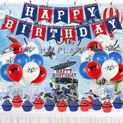 PRICES MAY VARY. Complete air force party decorations Kit includes：fighter jet birthday party supplies include a happy birthday banner, 6 different types of fighter Hanging Swirl,12 pieces of advanced fighter cupcake toppers,a cake topper printed with an aircraft carrier,18 balloons printed with aircraft elements. Designed with Airplane Birthday Party Decorations in Mind: Our jet birthday decorations are sophisticated and creative, full of tech, and feature high-definition photo printing. All ca Airplane Birthday Party Decorations, Air Force Birthday, Air Force Day, Planes Birthday, Airplane Birthday Party, 21st Birthday Decorations, Balloon Cake, Kids Party Decorations, Birthday Party Banner