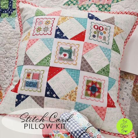 Lori Holt Stitch Card Pillow Kit Lori Holt Cross Stitch, Stitch Cards, Lori Holt, Cross Stitch Pillow, Patchwork Cushion, Cross Stitch Finishing, August 22, Quilted Pillow, Quilt Shop