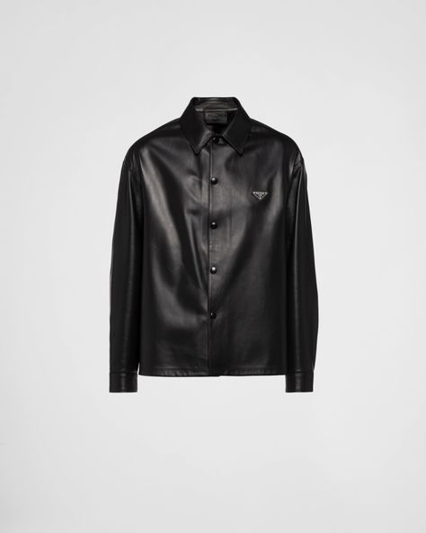 Black Nappa leather shirt | PRADA Leather Shirt Men, Mens Leather Shirt, Mens Casual Dress Outfits, Shirt Cuff, Mens Black Leather, Leather Shirt, Triangle Logo, Prada Men, Armani Men