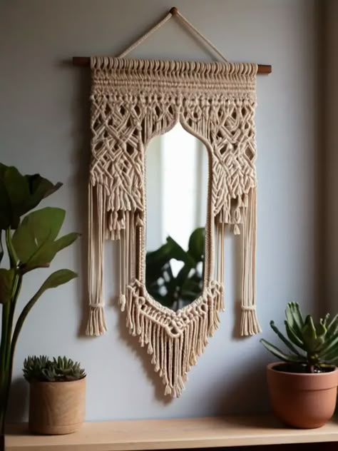 Discover 2024’s Top 25 Macramé Mirror Wall Hanging Ideas Macrame Mirror Wall Hanging Tutorial, Macrame Mirror Wall Hanging, Macrame Decor Ideas, Wall Mirror Ideas, Macrame Wall Hanging Ideas, Mirror Macrame, Mirror Wall Hanging, Diy Dorm, Boho Mirror