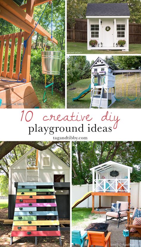 10 creative DIY playset and playground ideas (with links to the projects) Diy Yard Playground, Wooden Swingset Remodel, Kids Play Structure Outdoors, Outdoor Play Set Makeover, Homemade Playground Ideas Backyards, Playstructure Ideas For Kids, Playset Makeover Ideas, Back Yard Kids Fun, Under Playset Ideas