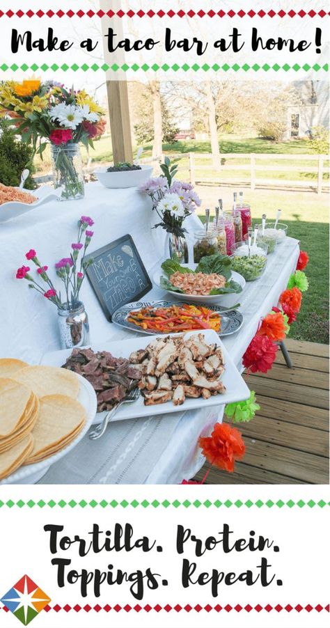 Build the taco bar of your dreams--right in your own house. Learn what to serve, how to serve it and how to make it healthy! What a fun alternative idea to a barbecue. Tacobar Party, Diy Taco Bar, Walking Taco Bar, Taco Bar Wedding, Tacos For Dinner, Nacho Party, Teacher Lunch, Taco Bar Party, Party Food Bars