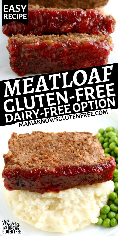 Gluten-free meatloaf with mashed potatoes and peas. Mama Knows Gluten Free, Gluten Free Dairy Free Recipes Dinner, Gluten Free Dairy Free Dinner, Gluten Free Meatloaf, Dairy Free Lunch, Dairy Free Recipes Dinner, Lactose Free Recipes, Soy Free Recipes, Dairy Free Dinner