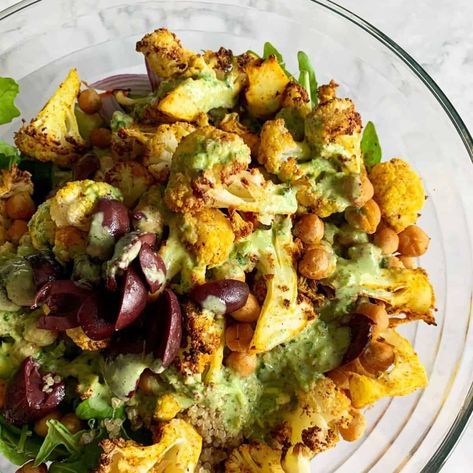 Cauliflower And Chickpeas, Curried Cauliflower, Quinoa Kale, Kale Quinoa Salad, Air Fryer Recipe, Wfpb Recipes, Cauliflower Curry, Easy Air Fryer, Tahini Dressing