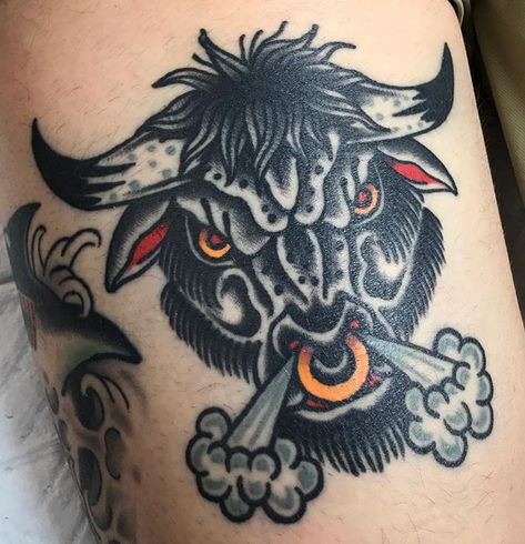 Mean Bull Tattoo, Forarm Tattoos American Traditional, Old School Bull Tattoo, American Traditional Animal Head Tattoo, Animal Tattoos Traditional, American Traditional Bull Tattoo, American Traditional Shin Tattoo, American Traditional Tattoos Animal, Animal Traditional Tattoo