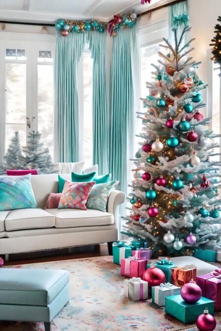 Christmas Turquoise Decoration, Pink Blue White Christmas Tree, Pink Teal Christmas Tree, Tiffany Blue Living Room Ideas, Christmas Tree Bright Colors, Teal And Pink Christmas Tree, Turquoise And Red Christmas Decor, Preppy Christmas Tree Ideas, Colorful Xmas Tree